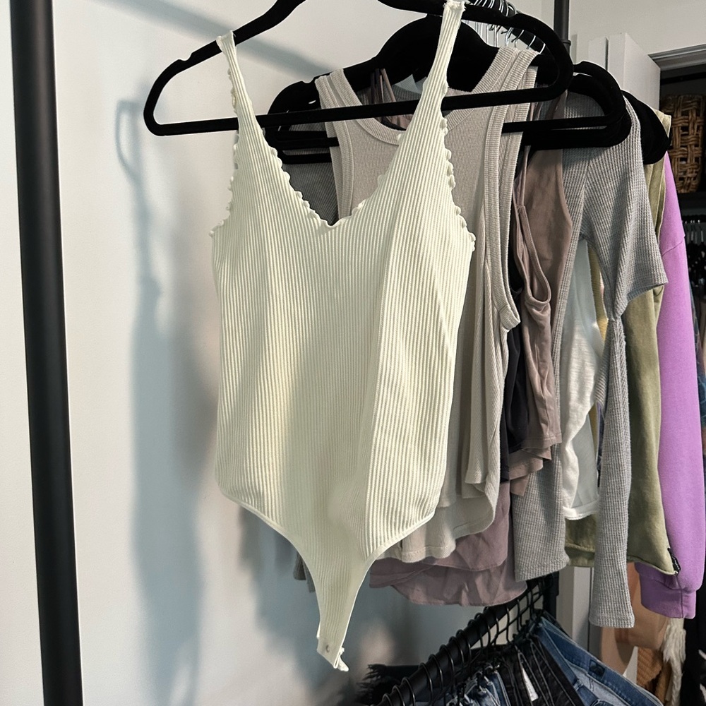 Free People Scalloped Edge Women's Cream Ribbed Bodysuit